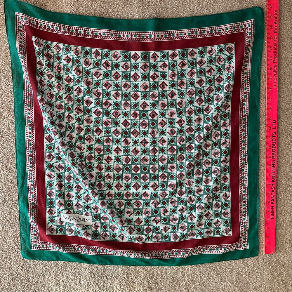 Yves Saint Laurent Burgundy and Green Vintage Patterned Scarf